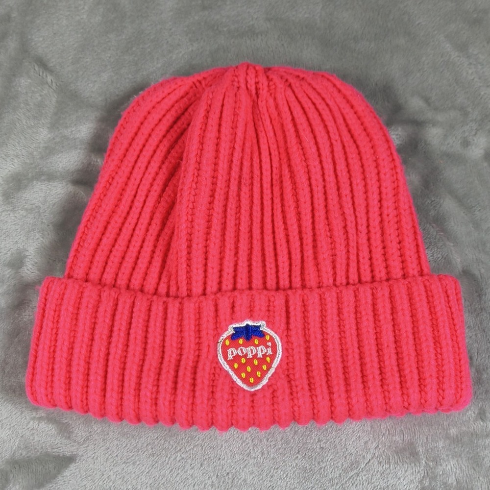 Poppi Soda Beanie Pink Cuffed Embroidered Colorful Strawberry Logo Beverage Pop